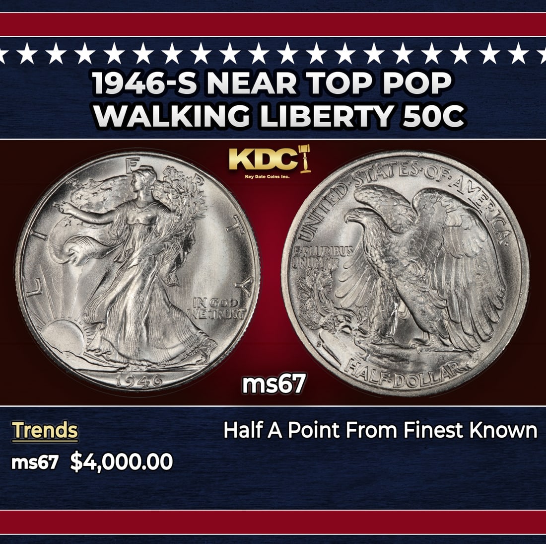 1946-s Walking Liberty Half Dollar Near Top Pop 50c ms67 SEGS: 1946-s Near Top Pop Walking Liberty Half Dollar 50c ms67 SEGS.
