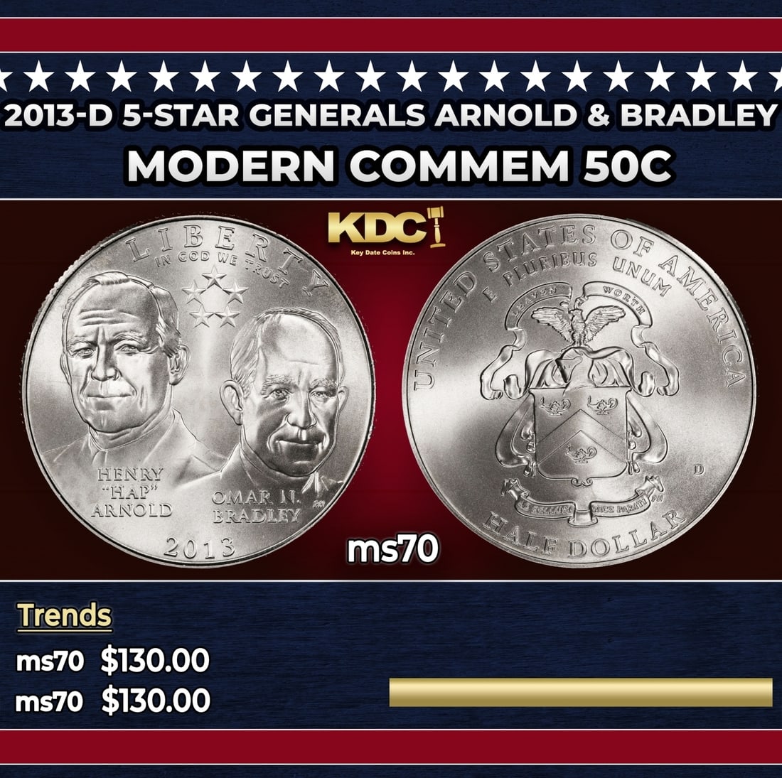 2013-d 5-Star Generals Arnold & Bradley Modern Commem Half Dollar 50c ms70 SEGS: 2013-d 5-Star Generals Arnold & Bradley Modern Commem Half Dollar 50c ms70 SEGS. Historic precious metal trends is causing increased spot pricing by the day. On auctions with set openings, we are doin