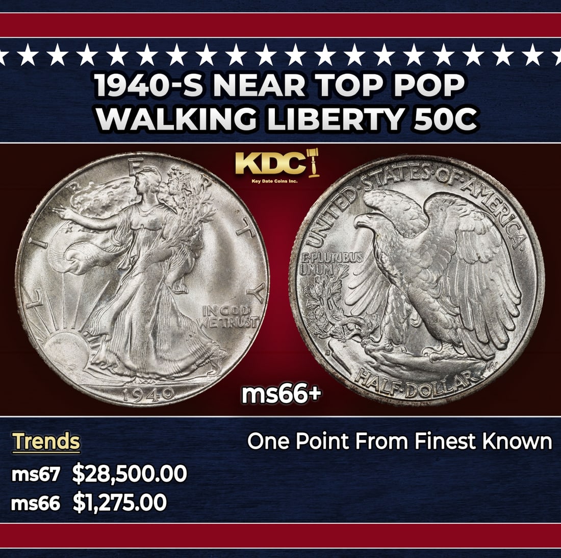 1940-s Walking Liberty Half Dollar Near Top Pop 50c ms66+ SEGS: 1940-s Near Top Pop Walking Liberty Half Dollar 50c ms66+ SEGS. Historic precious metal trends is causing increased spot pricing by the day. On auctions with set openings, we are doing our best to hav