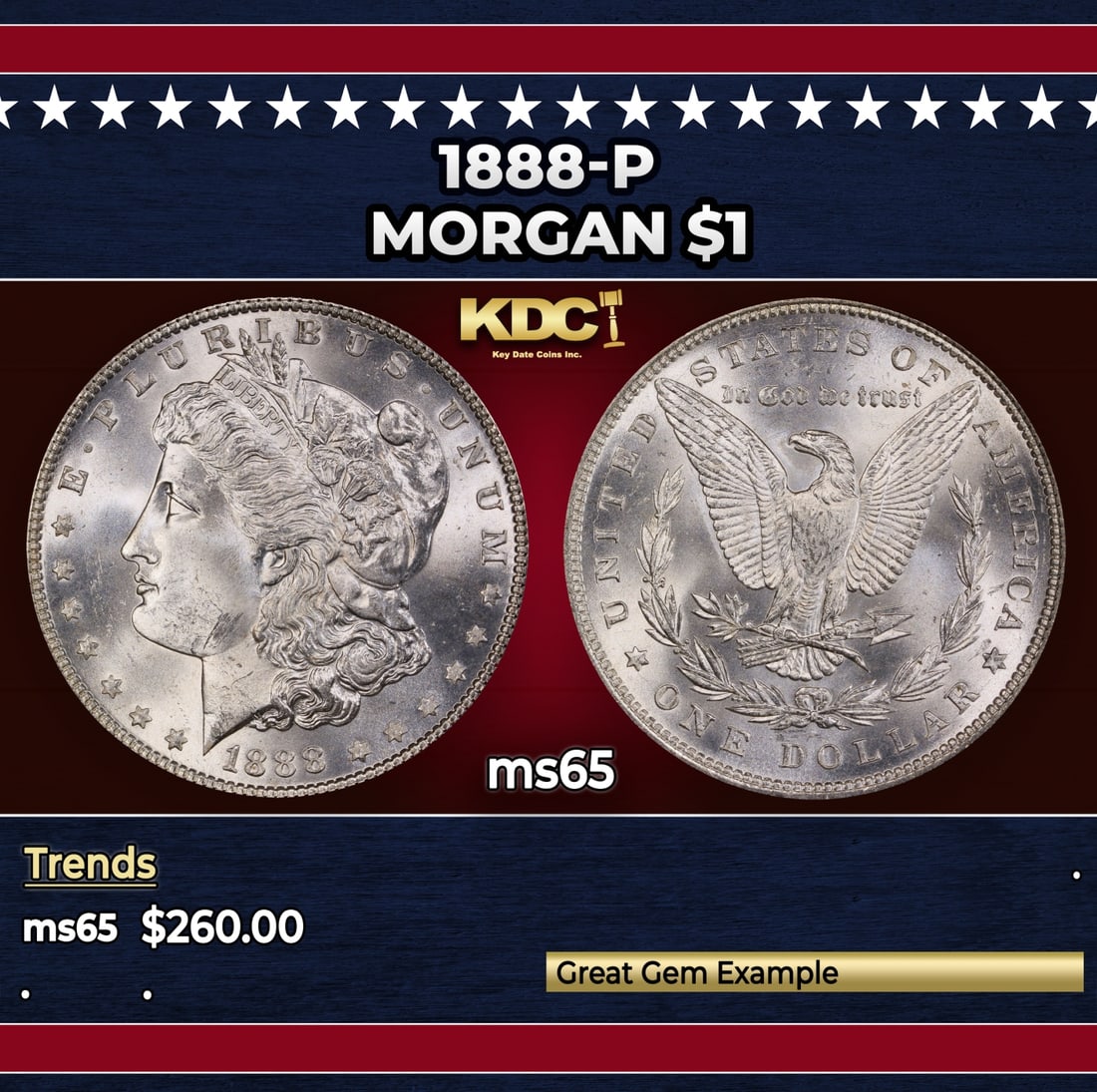 1888-p Morgan Dollar $1 Grades ms65: 1888-p Morgan Dollar $1 Grades ms65. Historic precious metal trends is causing increased spot pricing by the day. On auctions with set openings, we are doing our best to have items priced at their mar