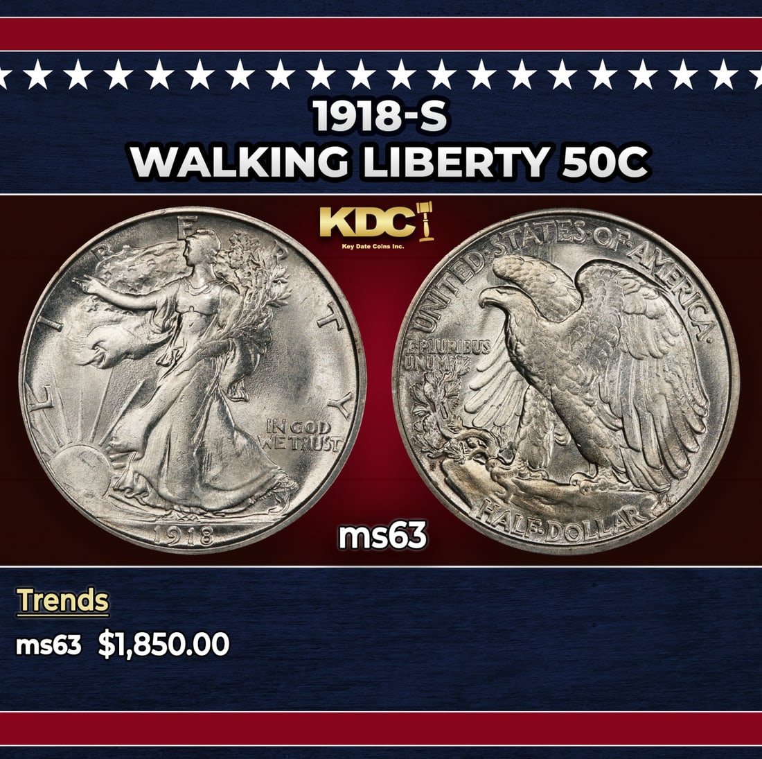 1918-s Walking Liberty Half Dollar 50c ms63 USCG: 1918-s Walking Liberty Half Dollar 50c ms63 USCG. Historic precious metal trends is causing increased spot pricing by the day. On auctions with set openings, we are doing our best to have items priced