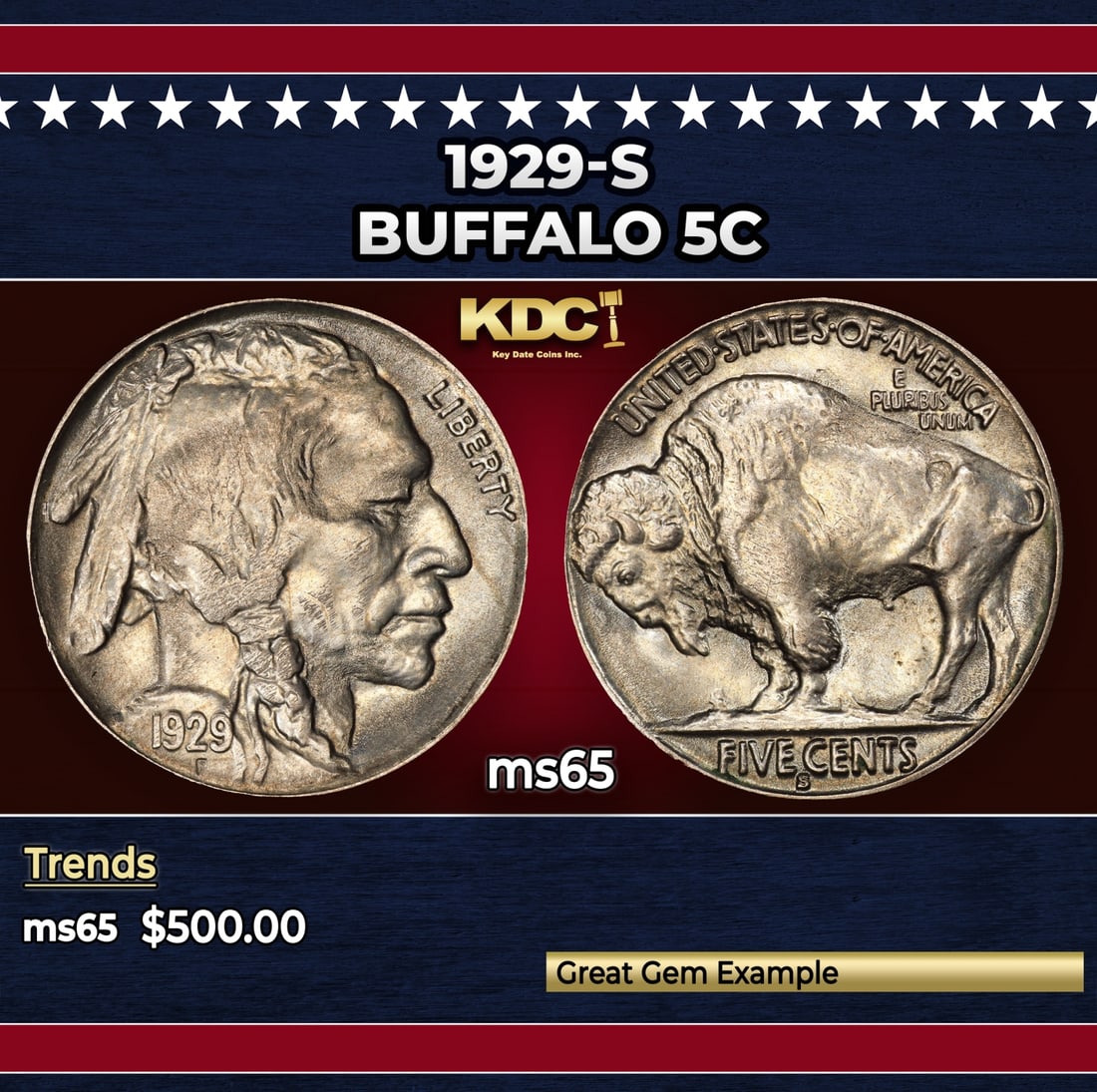 1929-s Buffalo Nickel 5c Grades ms65: 1929-s Buffalo Nickel 5c Grades ms65. Historic precious metal trends is causing increased spot pricing by the day. On auctions with set openings, we are doing our best to have items priced at their ma