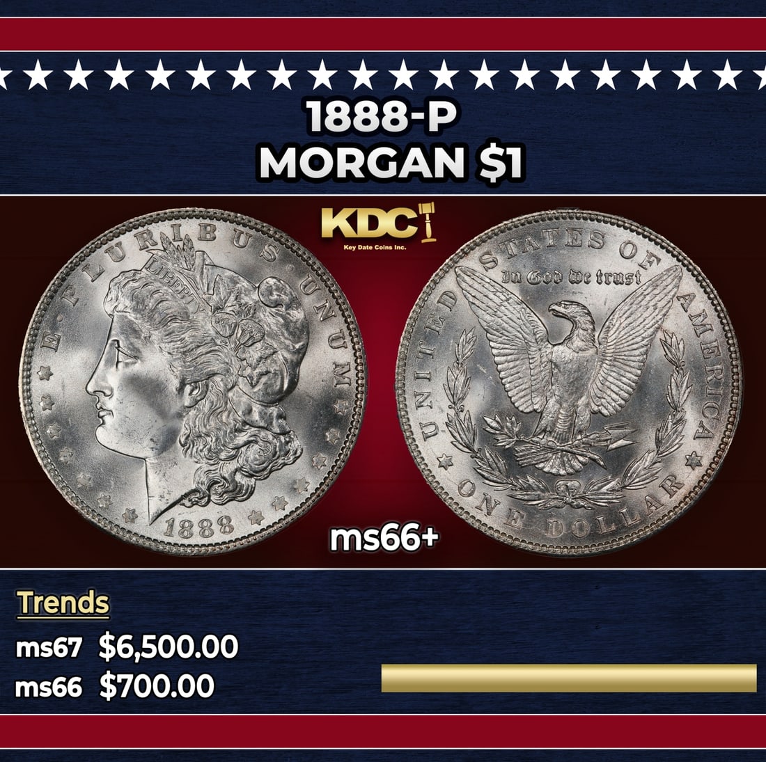 1888-p Morgan Dollar $1 ms66+ SEGS: 1888-p Morgan Dollar $1 ms66+ SEGS. Historic precious metal trends is causing increased spot pricing by the day. On auctions with set openings, we are doing our best to have items priced at their mark