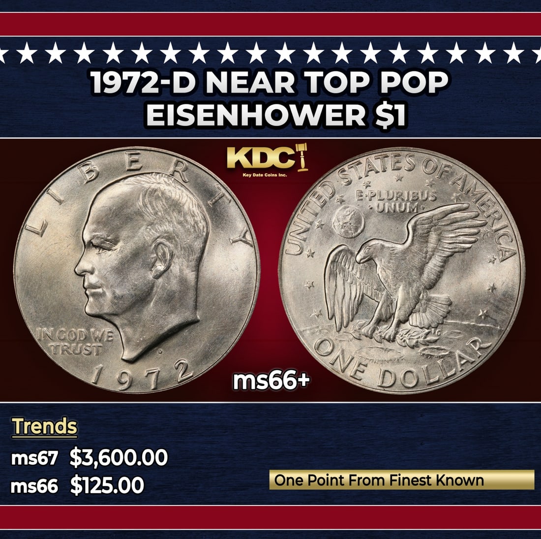 1972-d Eisenhower Dollar Near Top Pop $1 ms66+ SEGS: 1972-d Near Top Pop Eisenhower Dollar $1 ms66+ SEGS. Historic precious metal trends is causing increased spot pricing by the day. On auctions with set openings, we are doing our best to have items pri