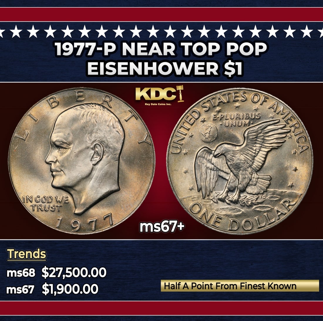 1977-p Eisenhower Dollar Near Top Pop $1 ms67+ SEGS: 1977-p Near Top Pop Eisenhower Dollar $1 ms67+ SEGS. Historic precious metal trends is causing increased spot pricing by the day. On auctions with set openings, we are doing our best to have items pri