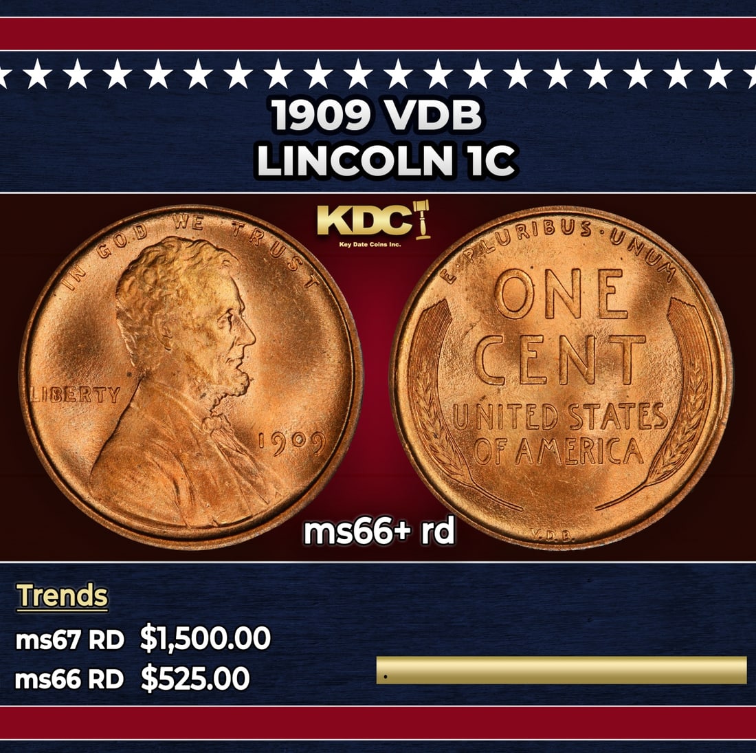 1909 VDB Lincoln Cent 1c ms66+ rd SEGS (1 of 3)