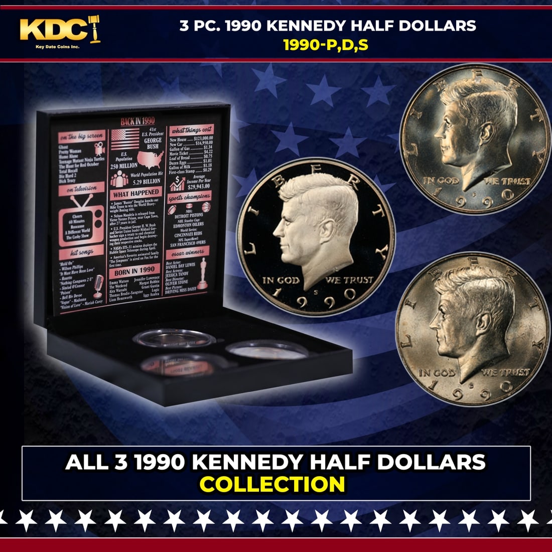 Complete 3 PC. 1990 Kennedy Half Dollar 50c set In Custom Box W/ Special Backer Card BU & Proof (1 of 7)