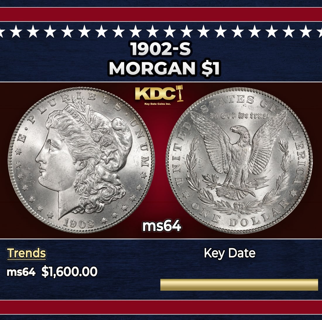 1902-s Morgan Dollar $1 ms64 SEGS: 1902-s Morgan Dollar $1 ms64 SEGS. Historic precious metal trends is causing increased spot pricing by the day. On auctions with set openings, we are doing our best to have items priced at their marke