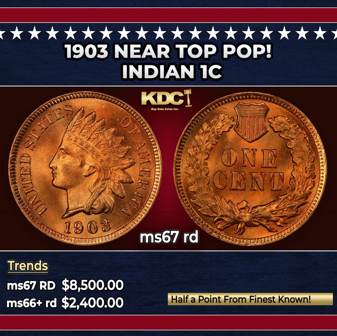 1903 Indian Cent Near Top Pop! 1c ms67 rd SEGS: 1903 Near Top Pop! Indian Cent 1c ms67 rd SEGS. Historic precious metal trends is causing increased spot pricing by the day. On auctions with set openings, we are doing our best to have items priced a