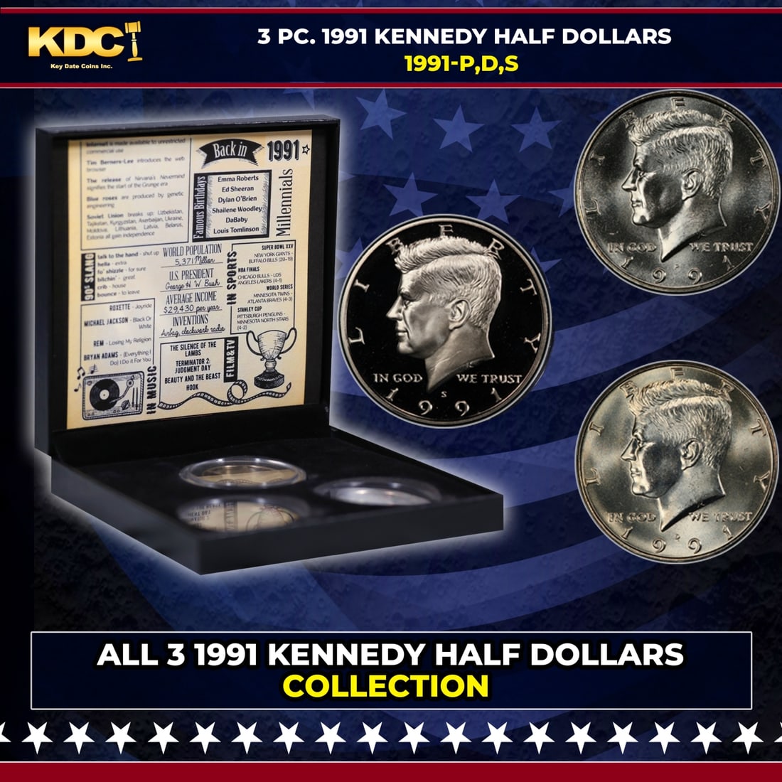 Complete 3 PC. 1991 Kennedy Half Dollar 50c set In Custom Box W/ Special Backer Card BU & Proof (1 of 7)