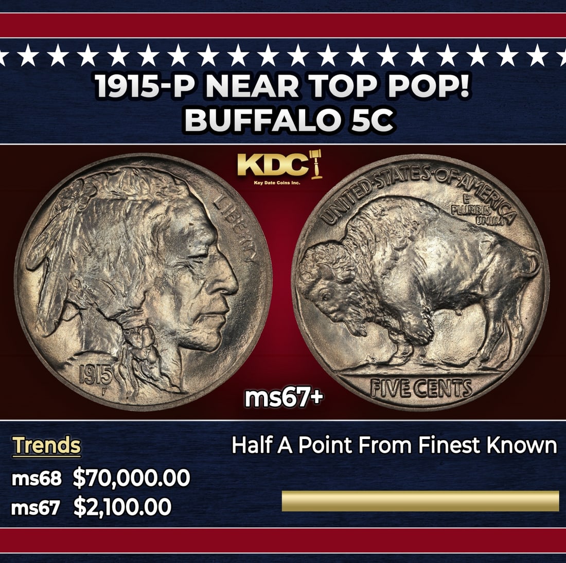 1915-p Buffalo Nickel Near Top Pop! 5c ms67+ SEGS: 1915-p Near Top Pop! Buffalo Nickel 5c ms67+ SEGS. Historic precious metal trends is causing increased spot pricing by the day. On auctions with set openings, we are doing our best to have items price