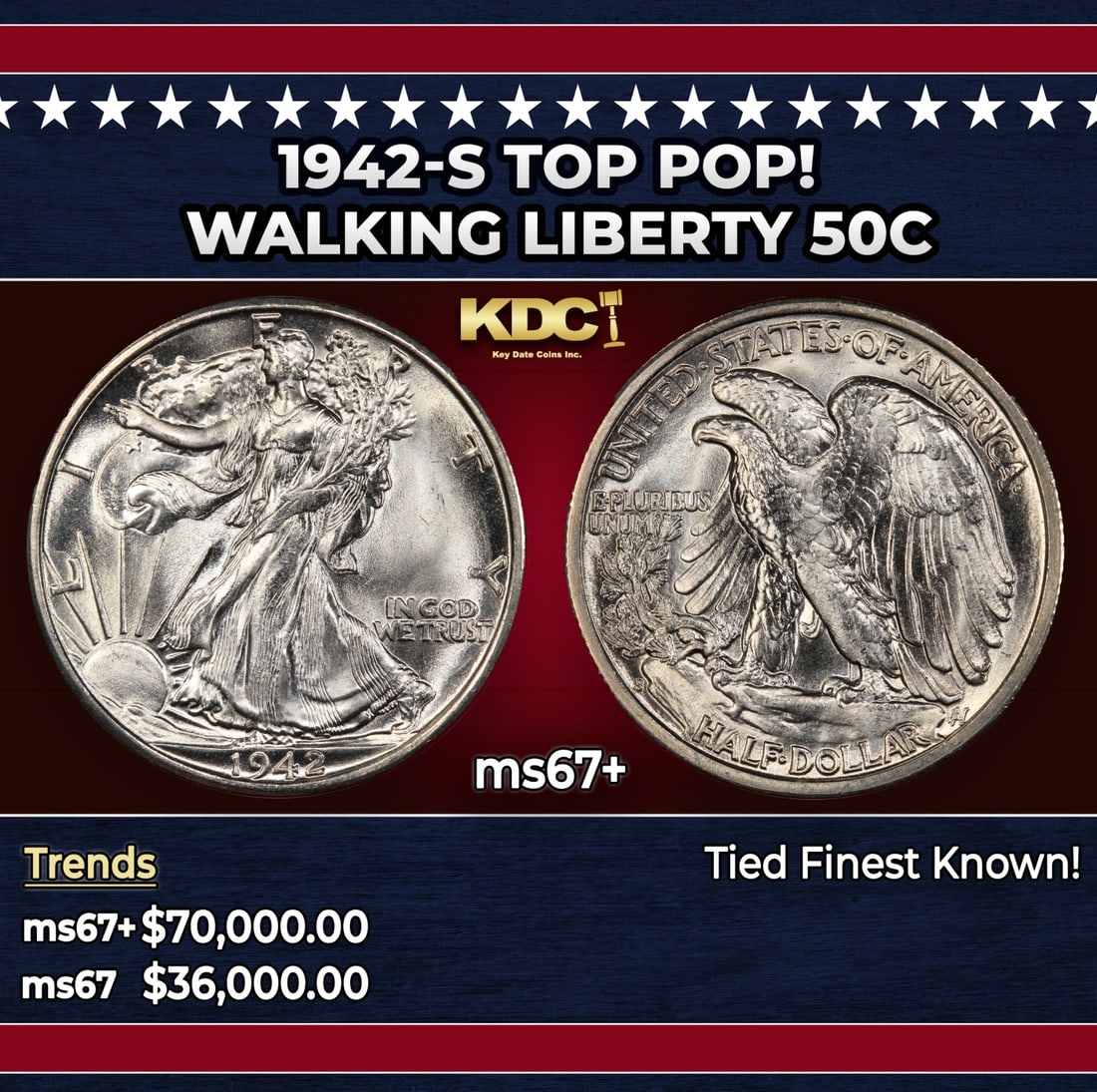 1942-s Walking Liberty Half Dollar TOP POP! 50c ms67+ SEGS: 1942-s TOP POP! Walking Liberty Half Dollar 50c ms67+ SEGS. Historic precious metal trends is causing increased spot pricing by the day. On auctions with set openings, we are doing our best to have it