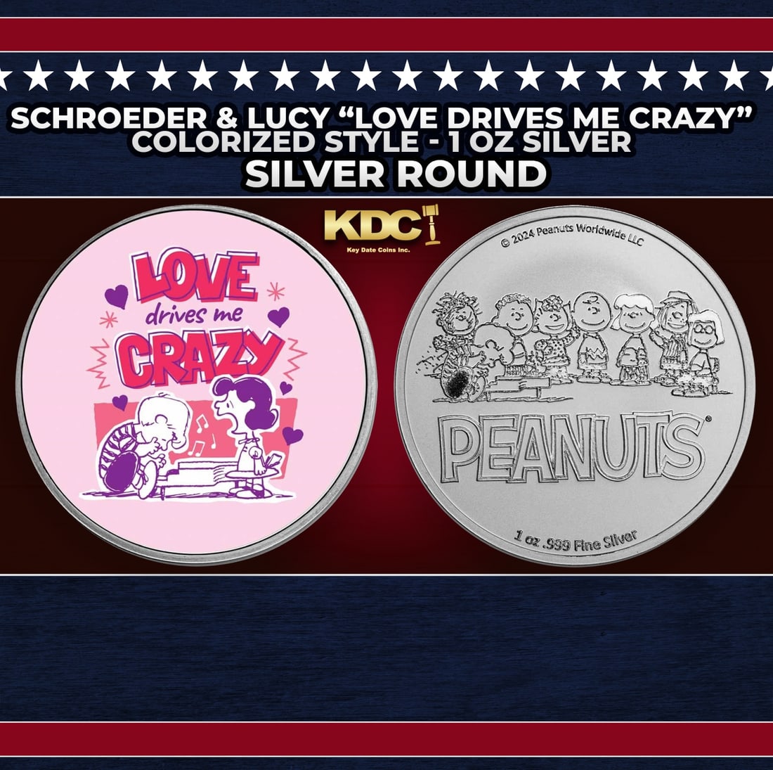 Schroeder & Lucy "Love Drives Me Crazy" Colorized Style - 1 oz Silver Round Round: Schroeder & Lucy "Love Drives Me Crazy" Colorized Style - 1 oz Silver Round. Now you can collect all of the classic Peanuts characters on these officially licensed silver rounds! Contains 1oz of .999