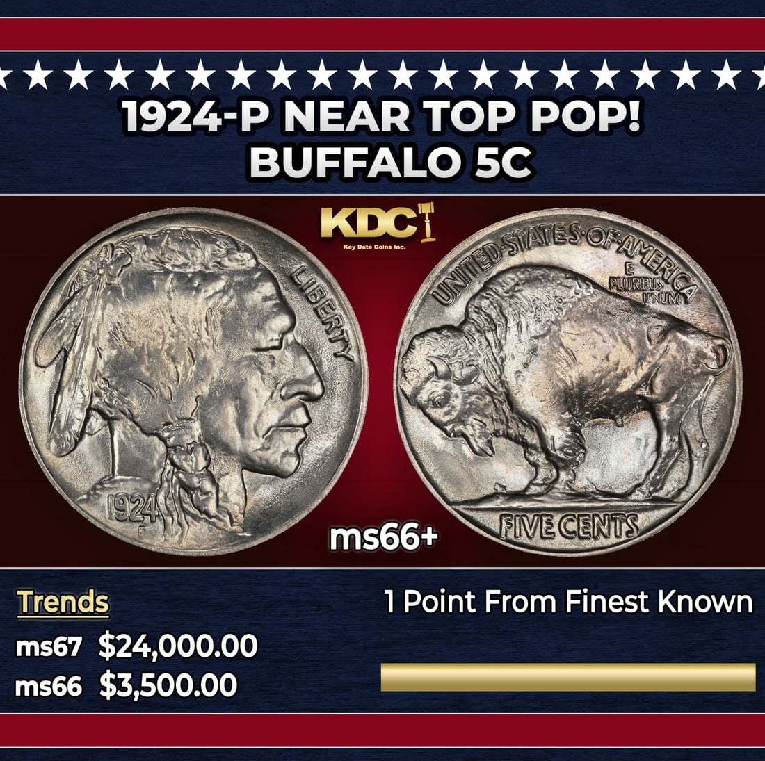 1924-p Buffalo Nickel Near Top Pop! 5c ms66+ SEGS: 1924-p Near Top Pop! Buffalo Nickel 5c ms66+ SEGS. Historic precious metal trends is causing increased spot pricing by the day. On auctions with set openings, we are doing our best to have items price