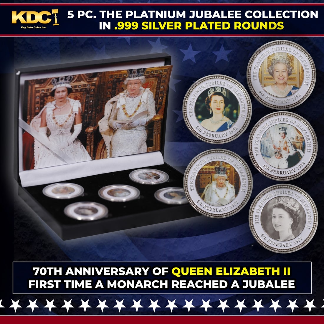 5 Coin Queen Elizabeth II - The Platnium Jubalee - Silver Plated Round Collection: 5 Coin Queen Elizabeth II - The Platnium Jubalee - Silver Plated Round Collection. "5 Pc. Queen Elizabeth II - The Platinum Jubilee - Silver Plated Round Collection. This set contains 5 rounds made up