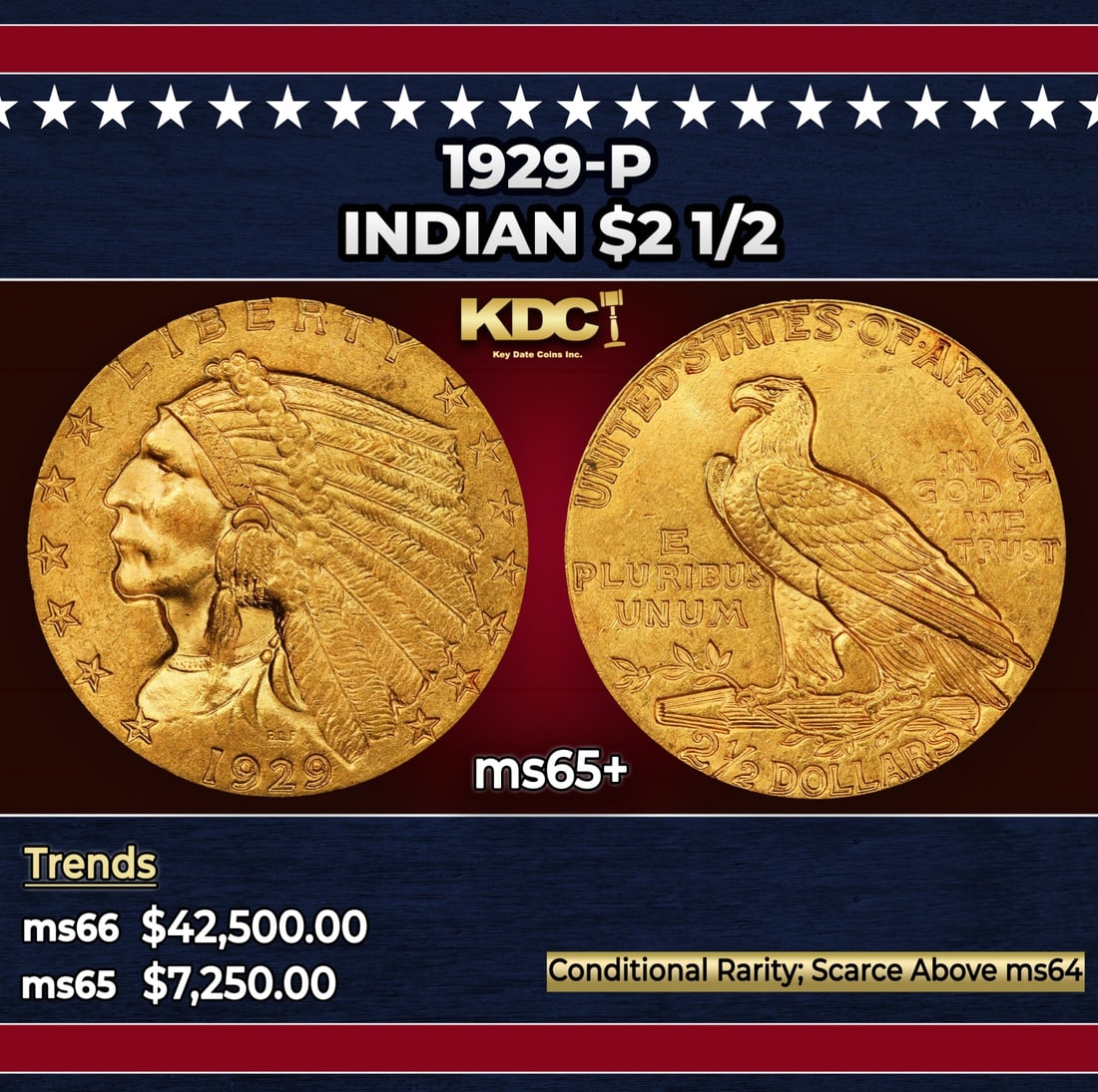 1929-p Gold Indian Quarter Eagle $2 1/2 ms65+ SEGS: 1929-p Gold Indian Quarter Eagle $2 1/2 ms65+ SEGS. Per David Akers Of PCGS "This is an unusual issue in that it is easy to find in MS-63 or lower condition but surprisingly difficult to locate in MS-