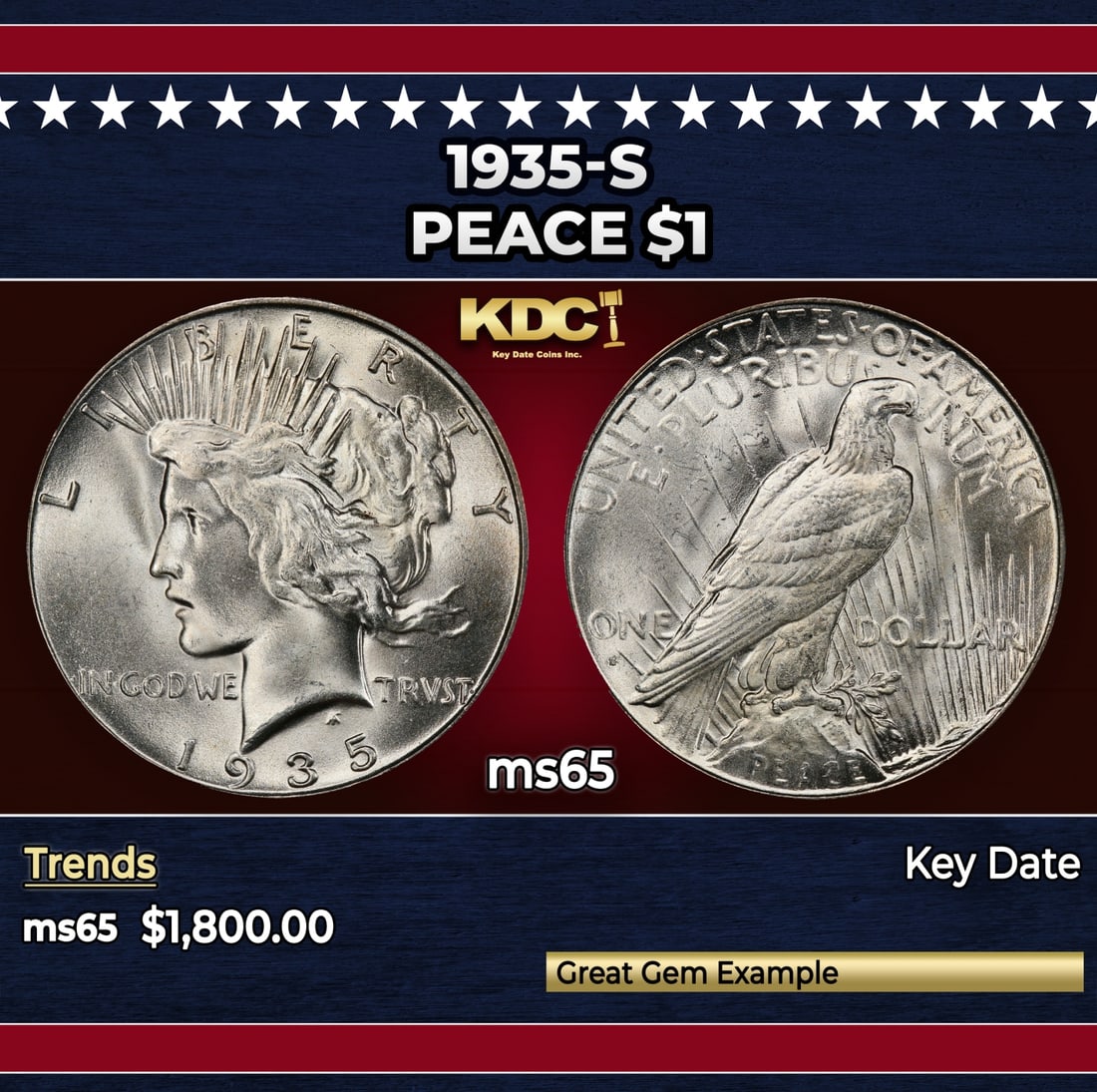 1935-s Peace Dollar $1 ms65 SEGS: 1935-s Peace Dollar $1 ms65 SEGS. Historic precious metal trends is causing increased spot pricing by the day. On auctions with set openings, we are doing our best to have items priced at their market