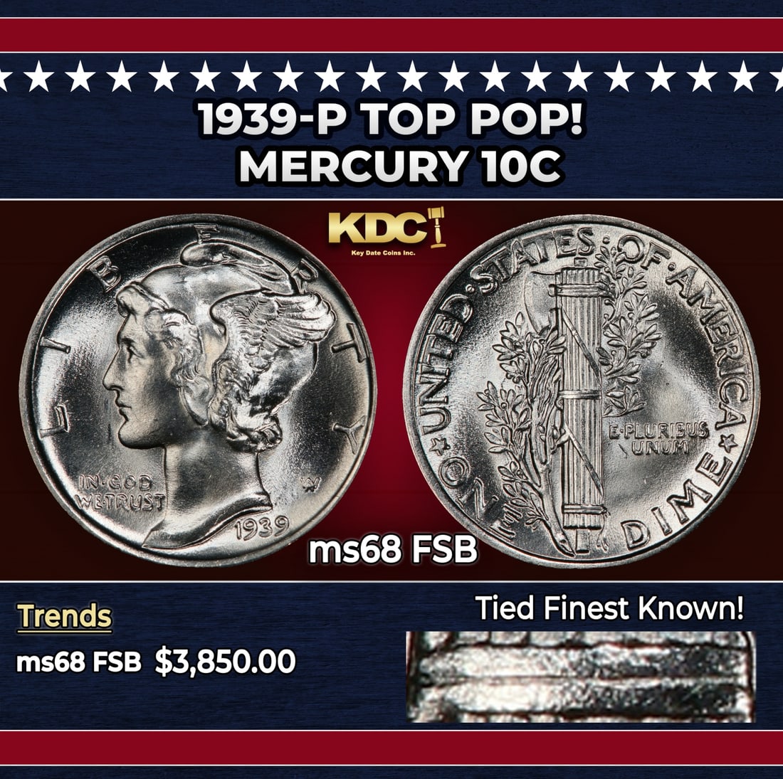 1939-p Mercury Dime TOP POP! 10c ms68 FSB SEGS: 1939-p TOP POP! Mercury Dime 10c ms68 FSB SEGS. Historic precious metal trends is causing increased spot pricing by the day. On auctions with set openings, we are doing our best to have items priced a