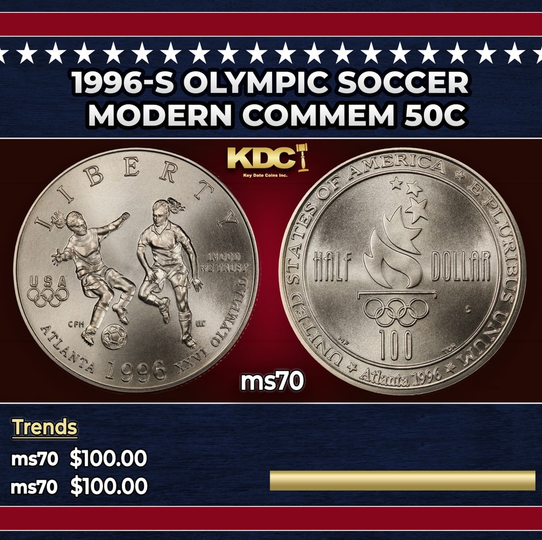 1996-s Olympic Soccer Modern Commem Half Dollar 50c ms70 SEGS: 1996-s Olympic Soccer Modern Commem Half Dollar 50c ms70 SEGS. Historic precious metal trends is causing increased spot pricing by the day. On auctions with set openings, we are doing our best to have