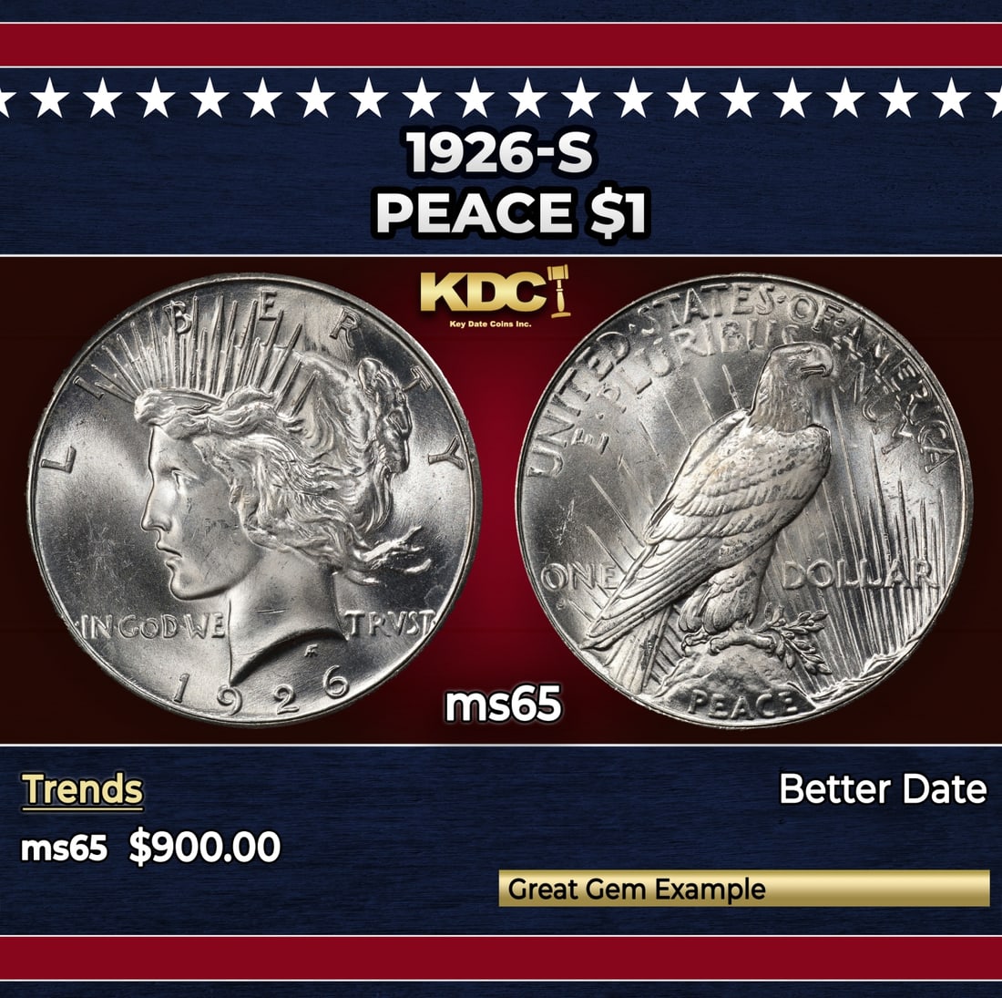 1926-s Peace Dollar $1 Grades ms65: 1926-s Peace Dollar $1 Grades ms65. Historic precious metal trends is causing increased spot pricing by the day. On auctions with set openings, we are doing our best to have items priced at their mark