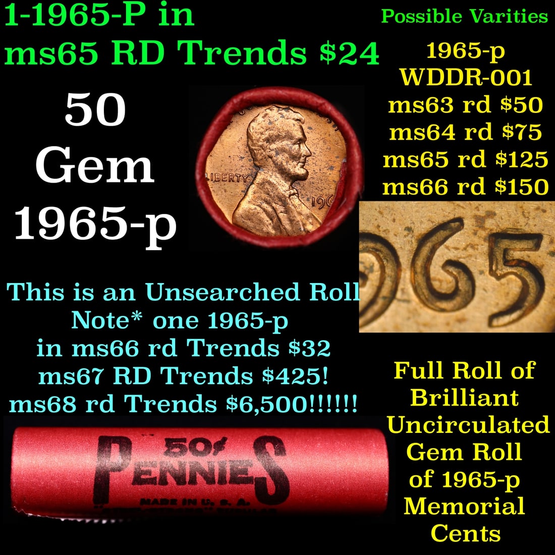 BU Shotgun Lincoln 1c roll, 1965-p 50 pcs Bank Wrapper 50c: BU Shotgun Lincoln 1c roll, 1965-p 50 pcs Bank Wrapper 50c. A terrific Shotgun roll of Lincoln cents in a Bank wrapper. Most if not all coins should be cherry red. Historic precious metal trends is ca