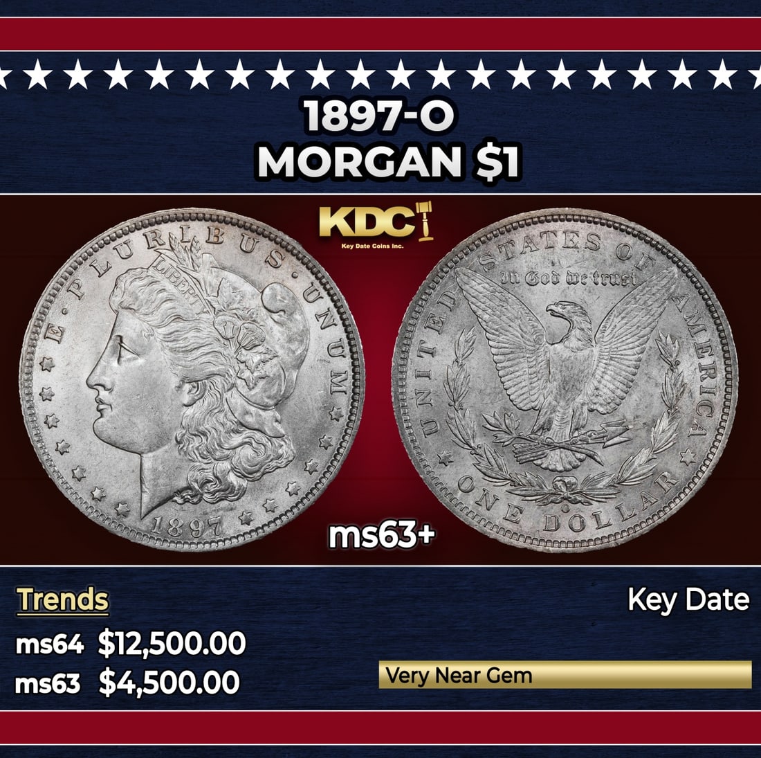 1897-o Morgan Dollar $1 ms63+ USCG: 1897-o Morgan Dollar $1 ms63+ USCG. Historic precious metal trends is causing increased spot pricing by the day. On auctions with set openings, we are doing our best to have items priced at their mark