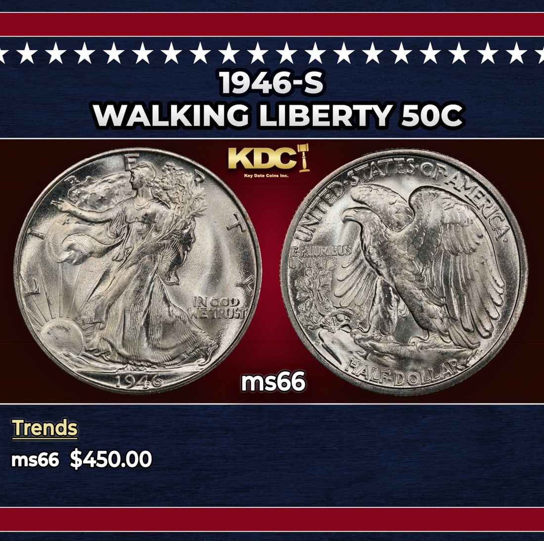 1946-s Walking Liberty Half Dollar 50c Grades ms66 (1 of 3)