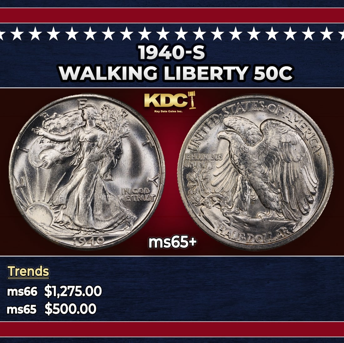 1940-s Walking Liberty Half Dollar 50c Grades ms65+ (1 of 3)