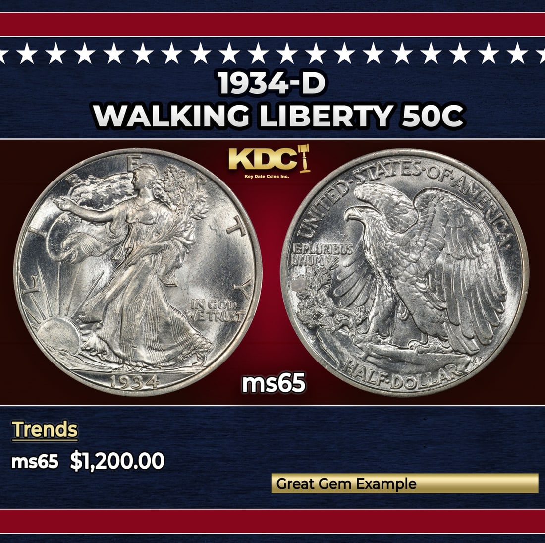 1934-d Walking Liberty Half Dollar 50c ms65 SEGS: 1934-d Walking Liberty Half Dollar 50c ms65 SEGS. Historic precious metal trends is causing increased spot pricing by the day. On auctions with set openings, we are doing our best to have items priced
