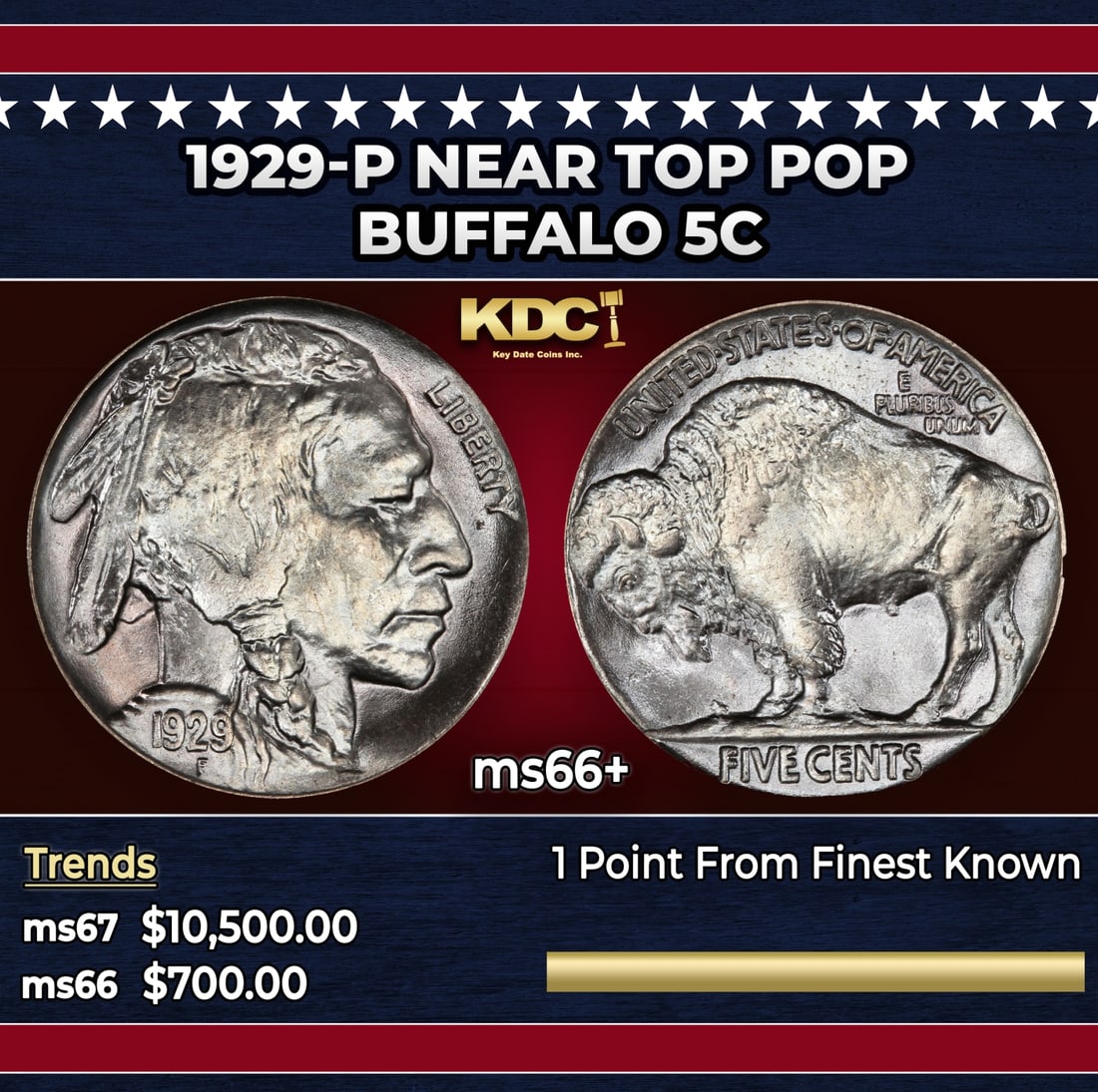 1929-p Buffalo Nickel Near Top Pop 5c ms66+ SEGS: 1929-p Near Top Pop Buffalo Nickel 5c ms66+ SEGS. Historic precious metal trends is causing increased spot pricing by the day. On auctions with set openings, we are doing our best to have items priced