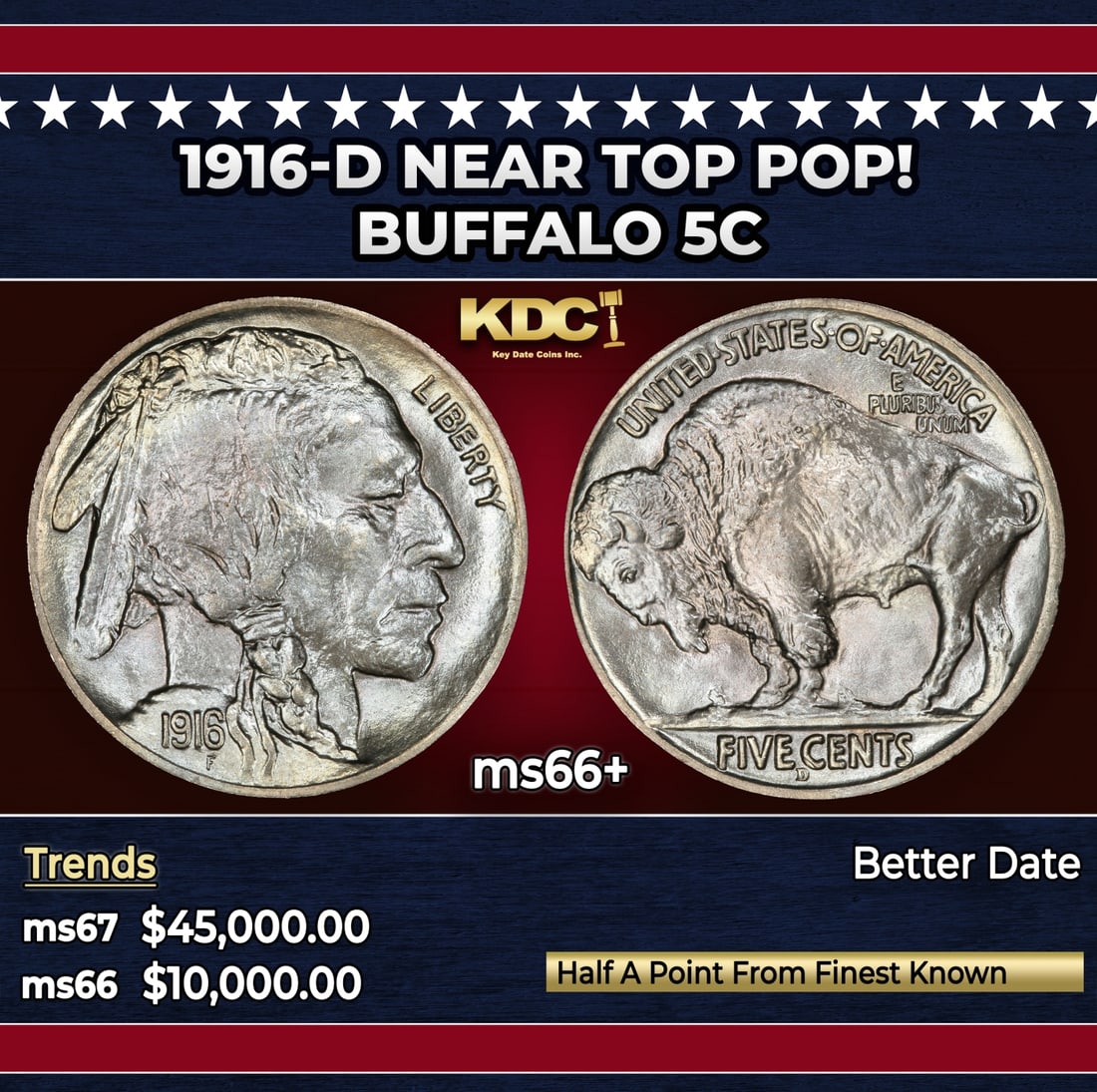 1916-d Buffalo Nickel Near Top Pop! 5c ms66+ SEGS: 1916-d Near Top Pop! Buffalo Nickel 5c ms66+ SEGS. Historic precious metal trends is causing increased spot pricing by the day. On auctions with set openings, we are doing our best to have items price