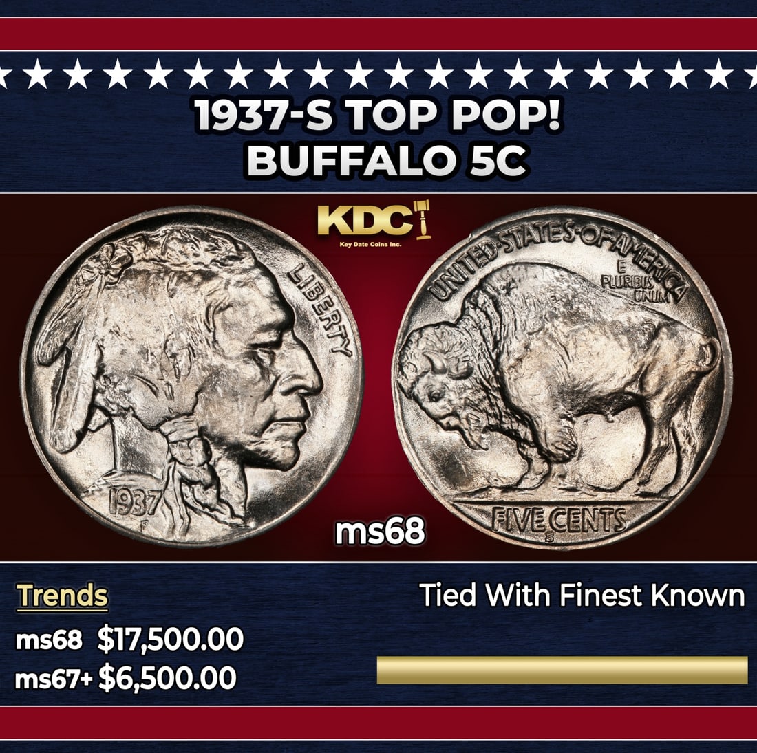 1937-s Buffalo Nickel TOP POP! 5c ms68 SEGS: 1937-s TOP POP! Buffalo Nickel 5c ms68 SEGS. Historic precious metal trends is causing increased spot pricing by the day. On auctions with set openings, we are doing our best to have items priced at t