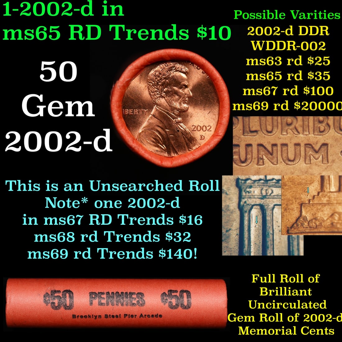 BU Shotgun Lincoln 1c roll, 2002-d 50 pcs Bank Wrapper 50c: BU Shotgun Lincoln 1c roll, 2002-d 50 pcs Bank Wrapper 50c. A terrific Shotgun roll of Lincoln cents in a Bank wrapper. Most if not all coins should be cherry red. Historic precious metal trends is ca