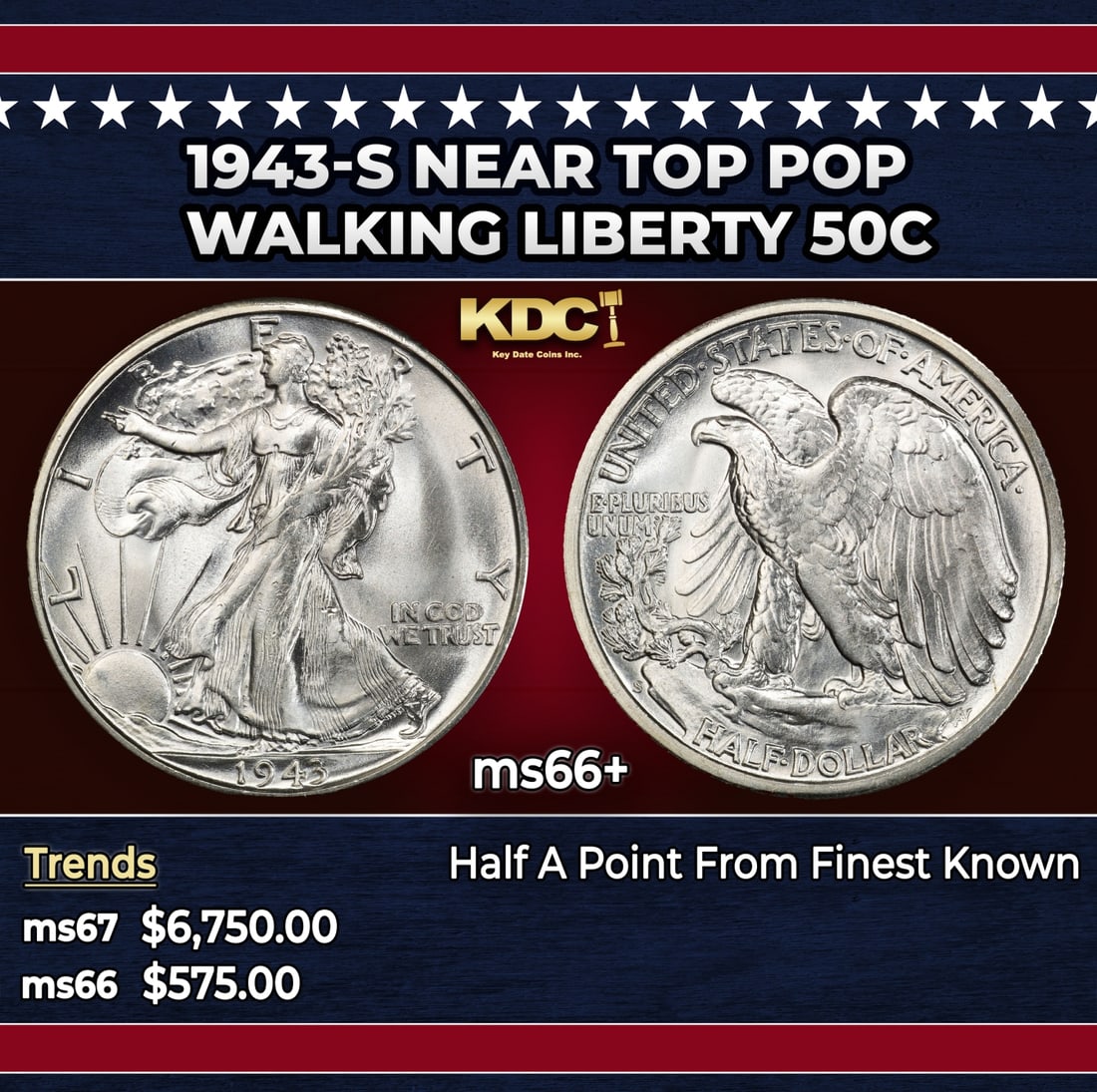 1943-s Walking Liberty Half Dollar Near Top Pop 50c ms66+ SEGS: 1943-s Near Top Pop Walking Liberty Half Dollar 50c ms66+ SEGS. Historic precious metal trends is causing increased spot pricing by the day. On auctions with set openings, we are doing our best to hav