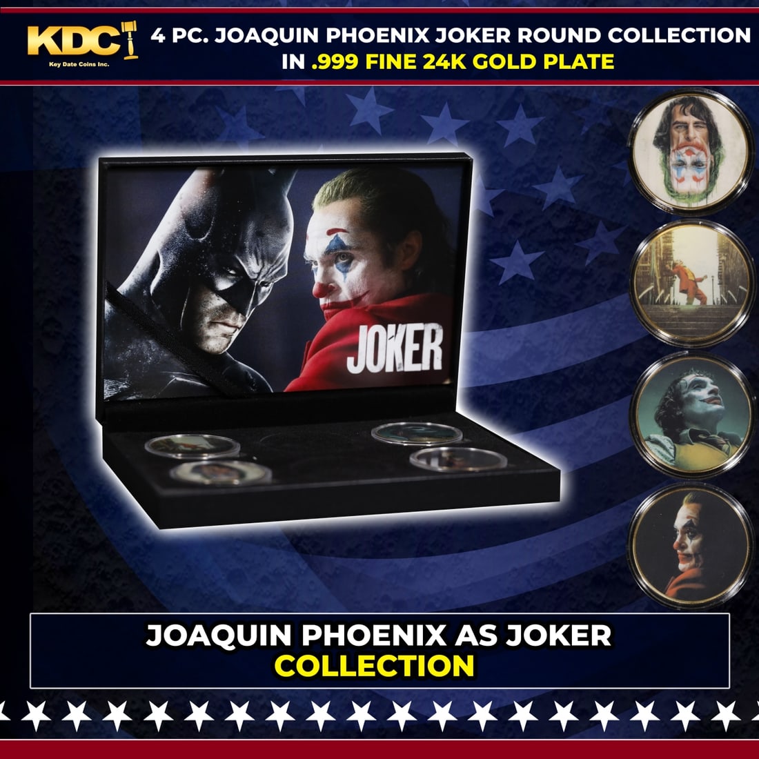 4 PC. Joaquine Phoenix As The JOKER Gold Plated Round Collection In Custom Box W/ Special Backer (1 of 6)