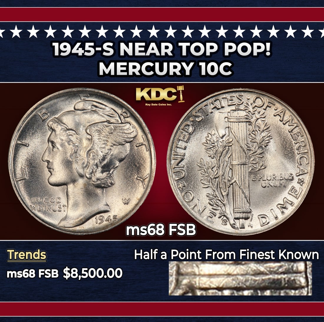 1945-s Mercury Dime Near Top Pop! 10c ms68 FSB SEGS: 1945-s Near Top Pop! Mercury Dime 10c ms68 FSB SEGS. Historic precious metal trends is causing increased spot pricing by the day. On auctions with set openings, we are doing our best to have items pri