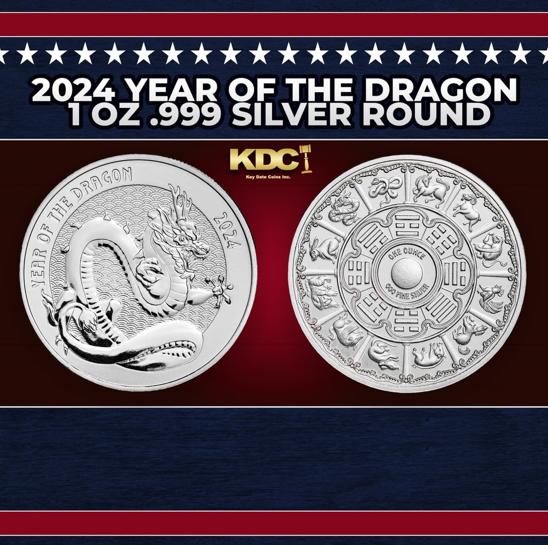 2024 Year of the Dragon 1 oz .999 Silver Round Round: 2024 Year of the Dragon 1 oz .999 Silver Round. Capture the mystique of the Lunar Year of the Dragon silver round. Crafted in pure silver, it embodies mythical power and cultural finesse. Contains 1 o