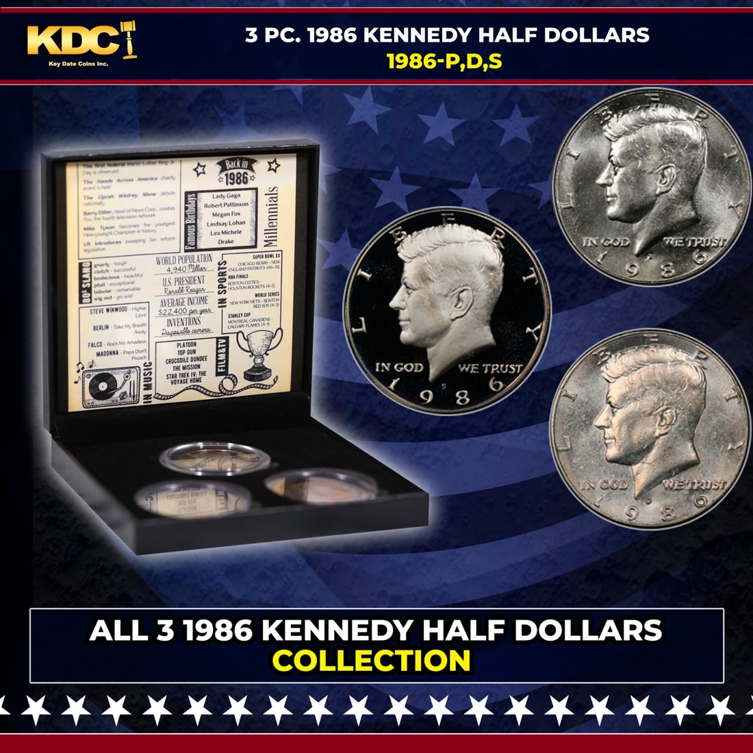 Complete 3 PC. 1986 Kennedy Half Dollar 50c set In Custom Box W/ Special Backer Card BU & Proof (1 of 7)