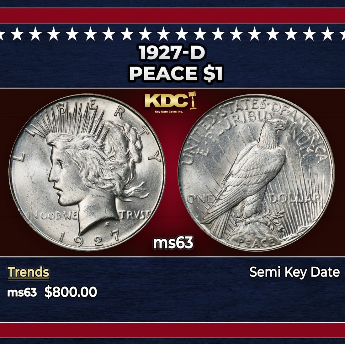 1927-d Peace Dollar $1 Grades ms63: 1927-d Peace Dollar $1 Grades ms63. Historic precious metal trends is causing increased spot pricing by the day. On auctions with set openings, we are doing our best to have items priced at their mark