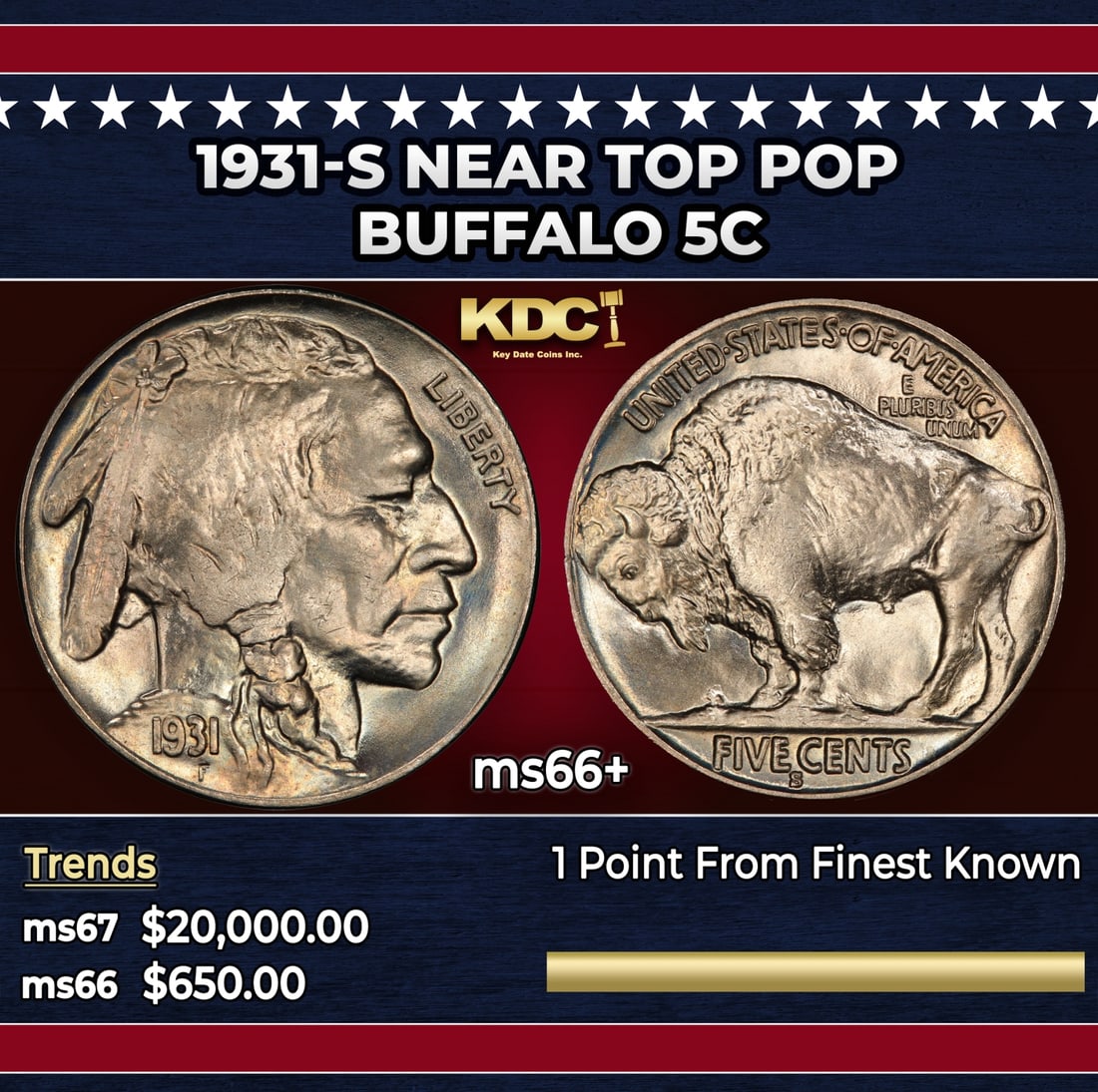 1931-s Buffalo Nickel Near Top Pop 5c ms66+ SEGS: 1931-s Near Top Pop Buffalo Nickel 5c ms66+ SEGS. Historic precious metal trends is causing increased spot pricing by the day. On auctions with set openings, we are doing our best to have items priced