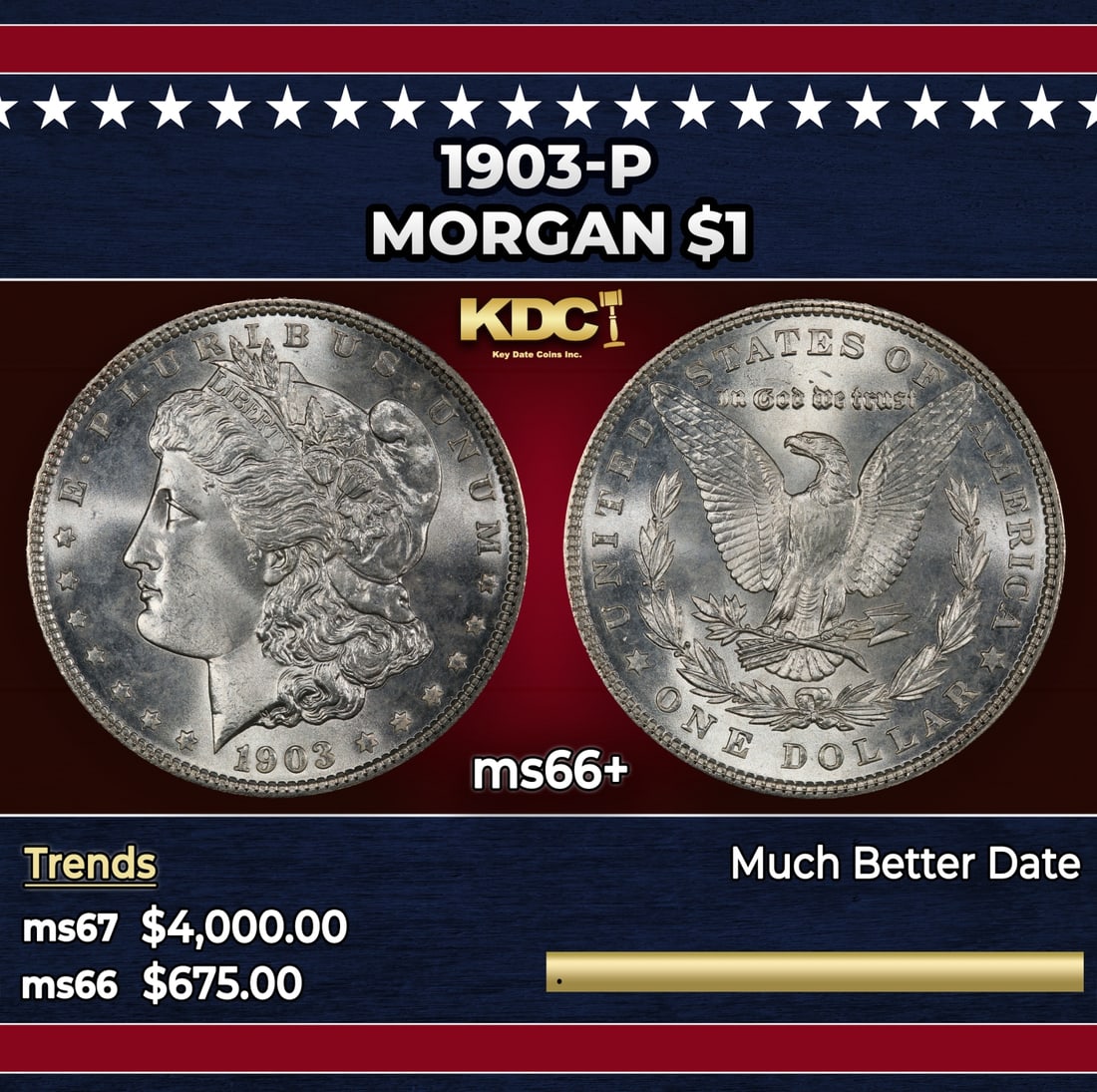 1903-p Morgan Dollar $1 ms66+ SEGS: 1903-p Morgan Dollar $1 ms66+ SEGS. Historic precious metal trends is causing increased spot pricing by the day. On auctions with set openings, we are doing our best to have items priced at their mark