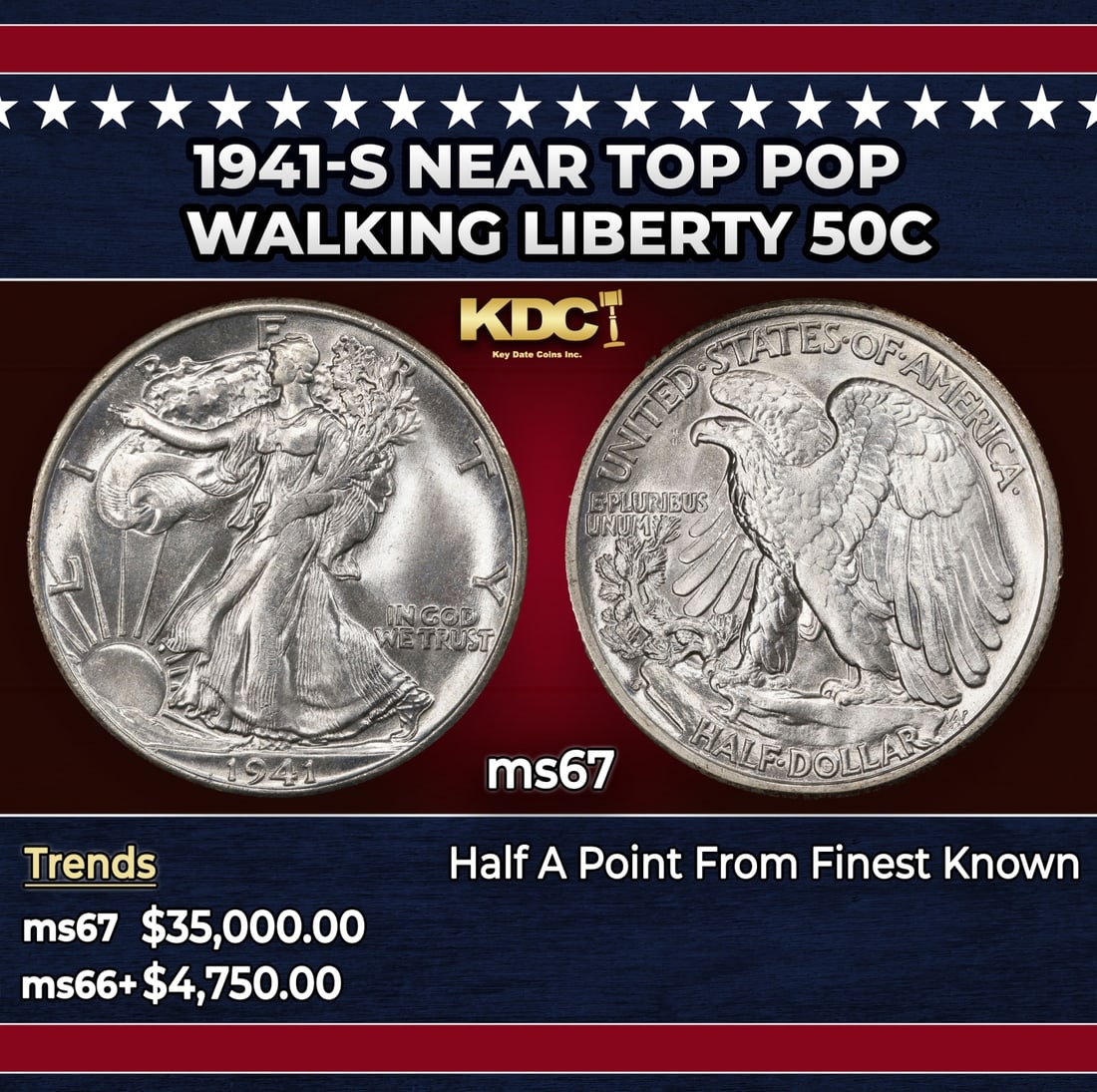 1941-s Walking Liberty Half Dollar Near Top Pop 50c ms67 SEGS: 1941-s Near Top Pop Walking Liberty Half Dollar 50c ms67 SEGS. Historic precious metal trends is causing increased spot pricing by the day. On auctions with set openings, we are doing our best to have