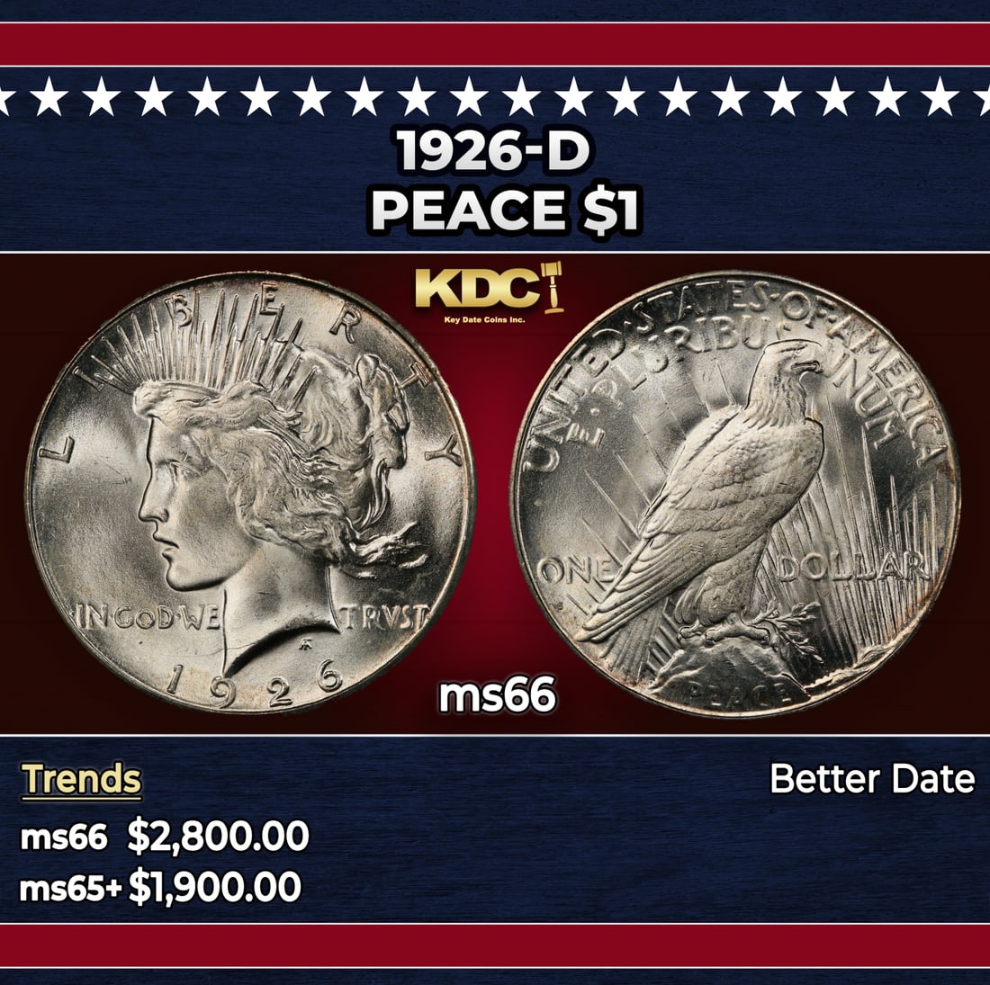 1926-d Peace Dollar $1 ms66 SEGS: 1926-d Peace Dollar $1 ms66 SEGS. Historic precious metal trends is causing increased spot pricing by the day. On auctions with set openings, we are doing our best to have items priced at their market
