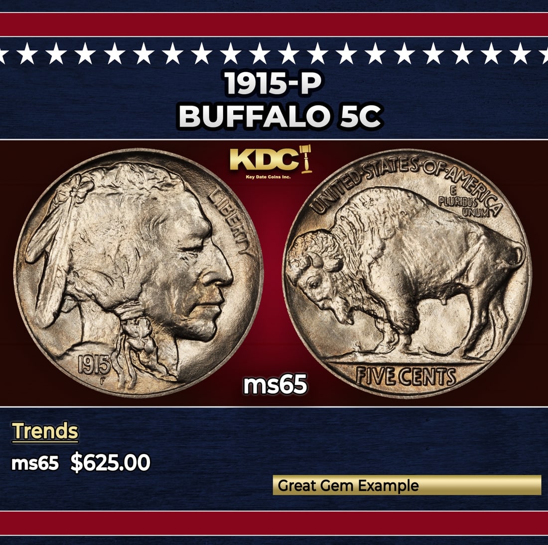 1915-p Buffalo Nickel 5c Grades ms65 (1 of 3)