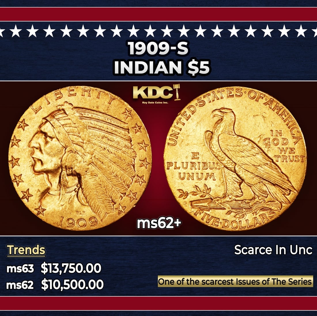 1909-s Gold Indian Half Eagle $5 ms62+ USCG: 1909-s Gold Indian Half Eagle $5 ms62+ USCG. Per David Akers of PCGS "The 1909-S is one of the four or five rarest issues of the series. Among San Francisco Mint issues it is virtually on par with the