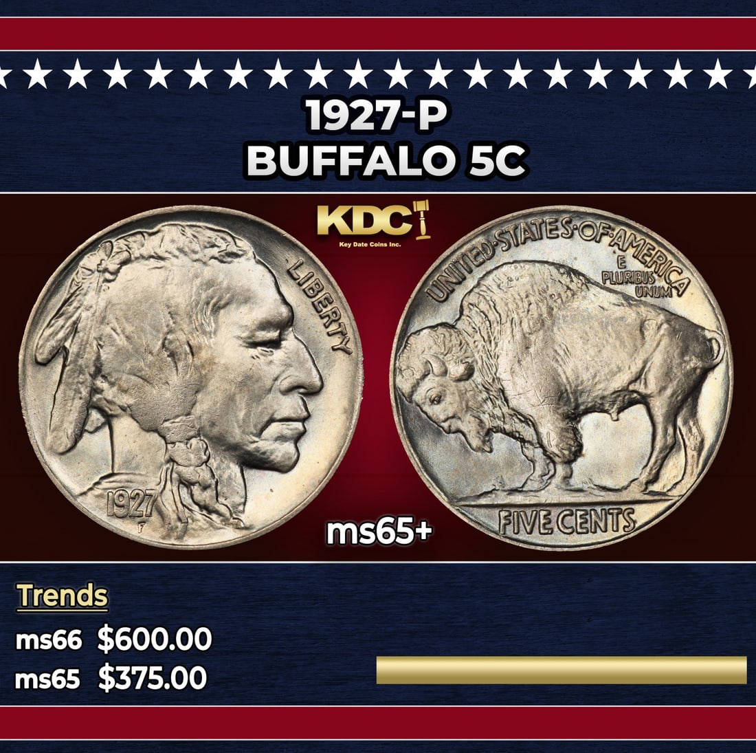 1927-p Buffalo Nickel 5c Grades ms65+ (1 of 3)