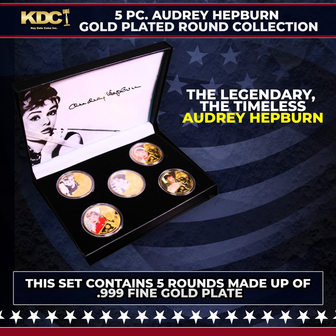 5 Coin Gold Plated the legendary, The timeless, Audrey Hepburn Set: 5 Coin Gold Plated the legendary, The timeless, Audrey Hepburn Set. Please Note All Backer Cards may have slight differences but will be very similar if not identical to the one in the photo Historic