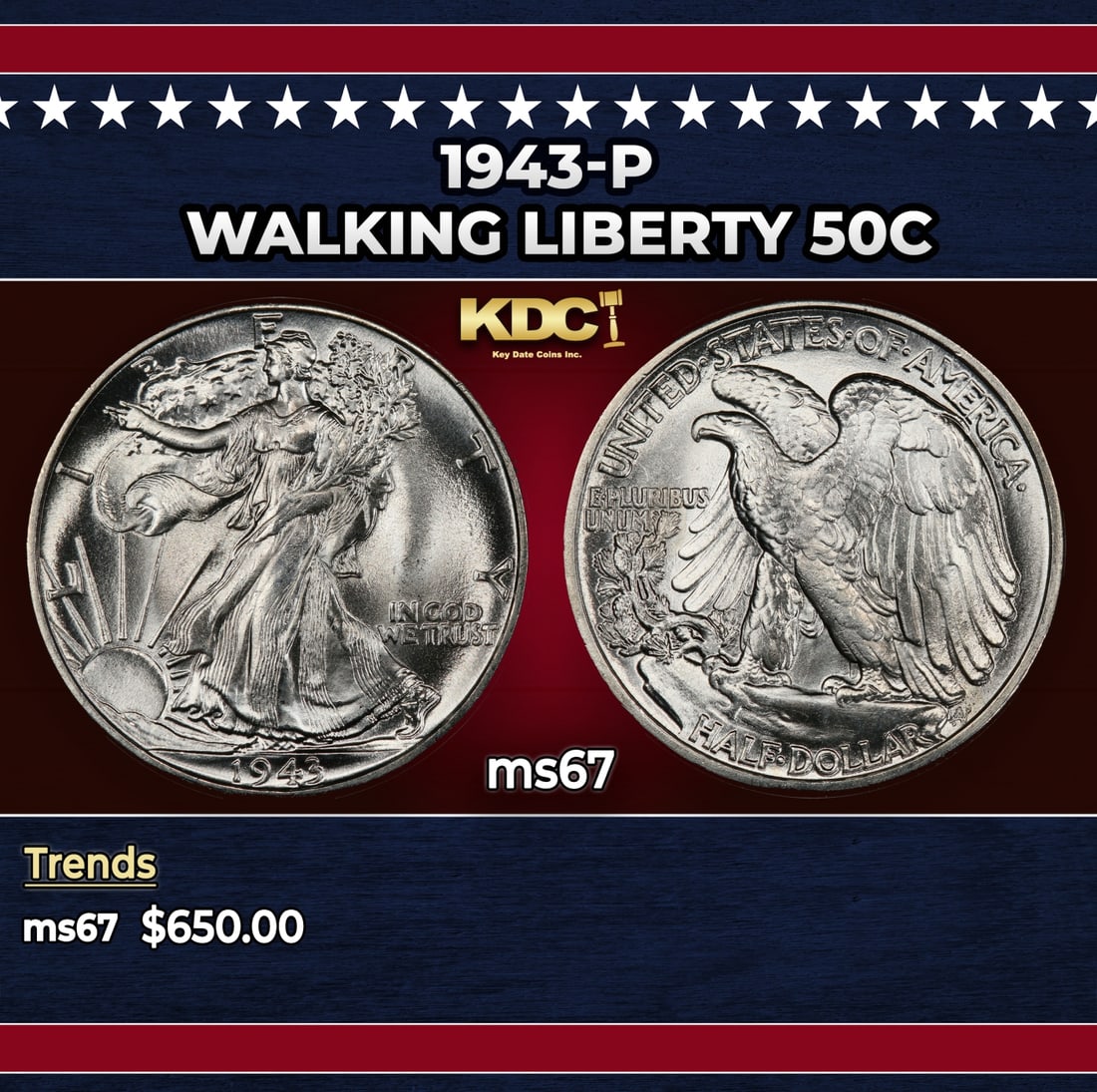 1943-p Walking Liberty Half Dollar 50c ms67 SEGS: 1943-p Walking Liberty Half Dollar 50c ms67 SEGS. Historic precious metal trends is causing increased spot pricing by the day. On auctions with set openings, we are doing our best to have items priced