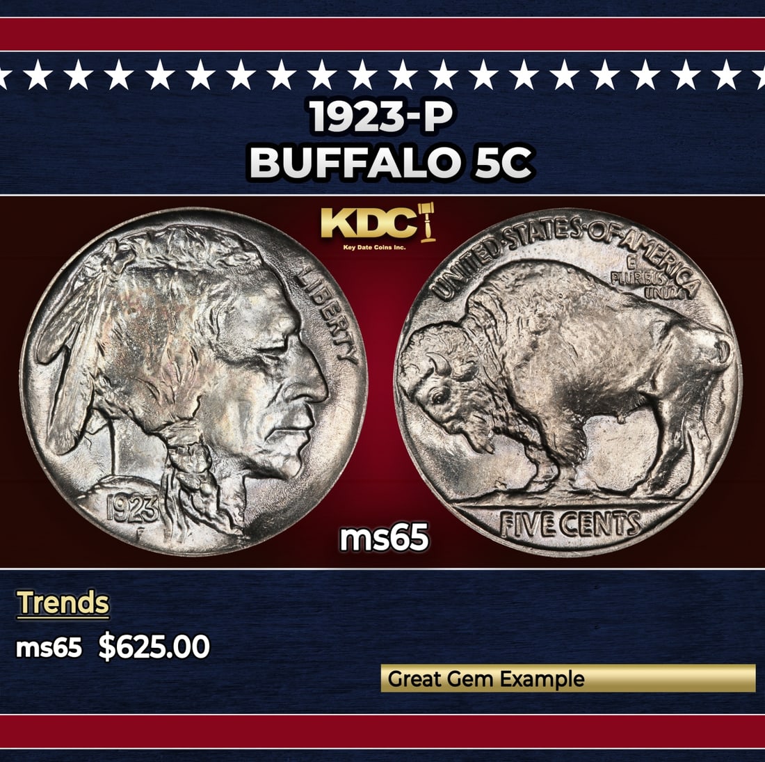 1923-p Buffalo Nickel 5c Grades ms65: 1923-p Buffalo Nickel 5c Grades ms65. Historic precious metal trends is causing increased spot pricing by the day. On auctions with set openings, we are doing our best to have items priced at their ma