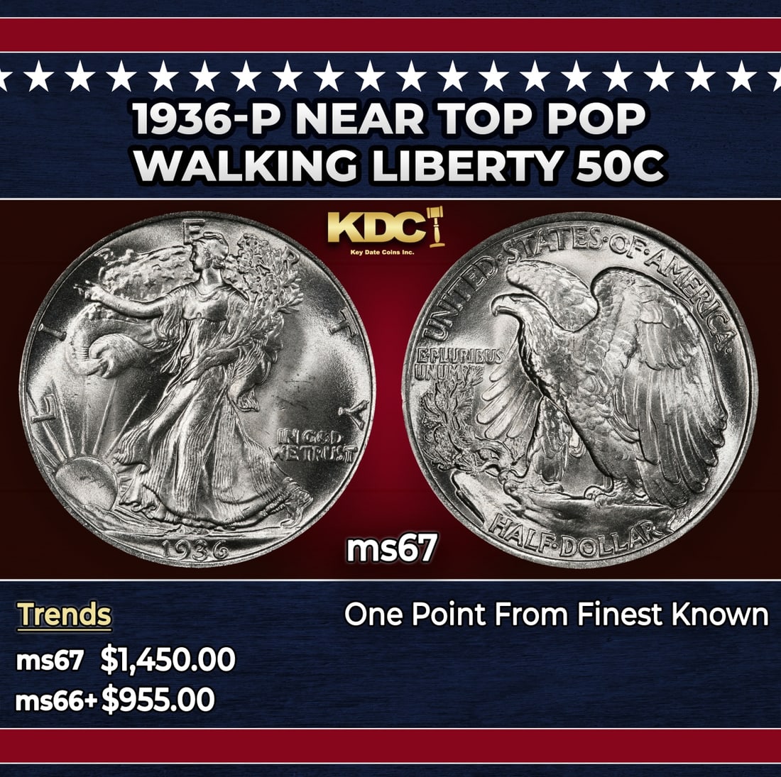 1936-p Walking Liberty Half Dollar Near Top Pop 50c ms67 SEGS: 1936-p Near Top Pop Walking Liberty Half Dollar 50c ms67 SEGS. Historic precious metal trends is causing increased spot pricing by the day. On auctions with set openings, we are doing our best to have